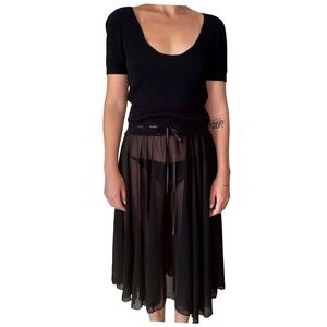 NWT TWINSET Tie Waist Black Sheer Knit Top Midi Dress Scoop Neck LBD Size S (6)